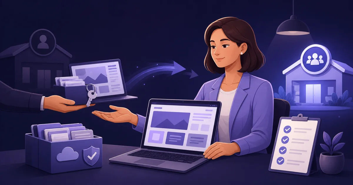 Illustration eines Agenturwechsels mit Laptop, Domain-Schlüssel, Backup-Archiv und Checkliste