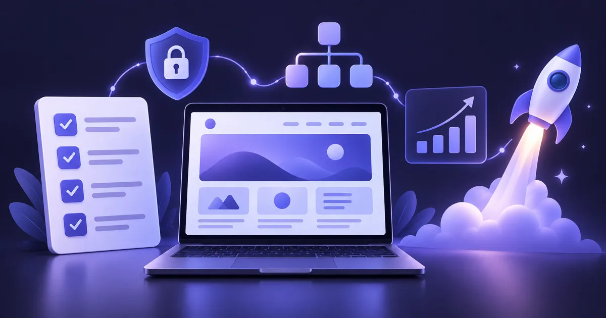 Editorial illustration of a website launch with checklist, laptop, lock and rocket
