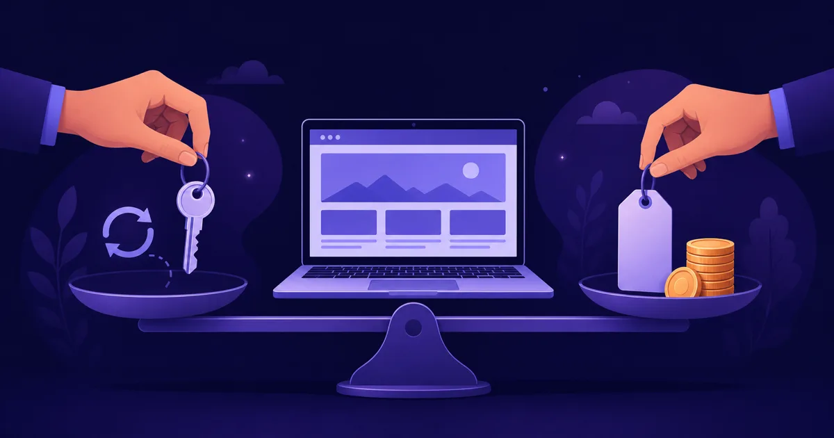Illustration: scale balancing a subscription key and a one-time price tag, with a laptop showing a website in the middle