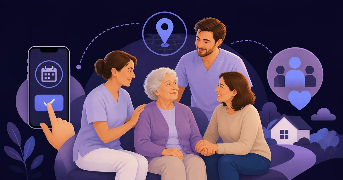 Aile yakınları, Pflegekraft, akıllı telefon başvurusu ve yerel harita işareti içeren Pflegedienst web sitesi illüstrasyonu