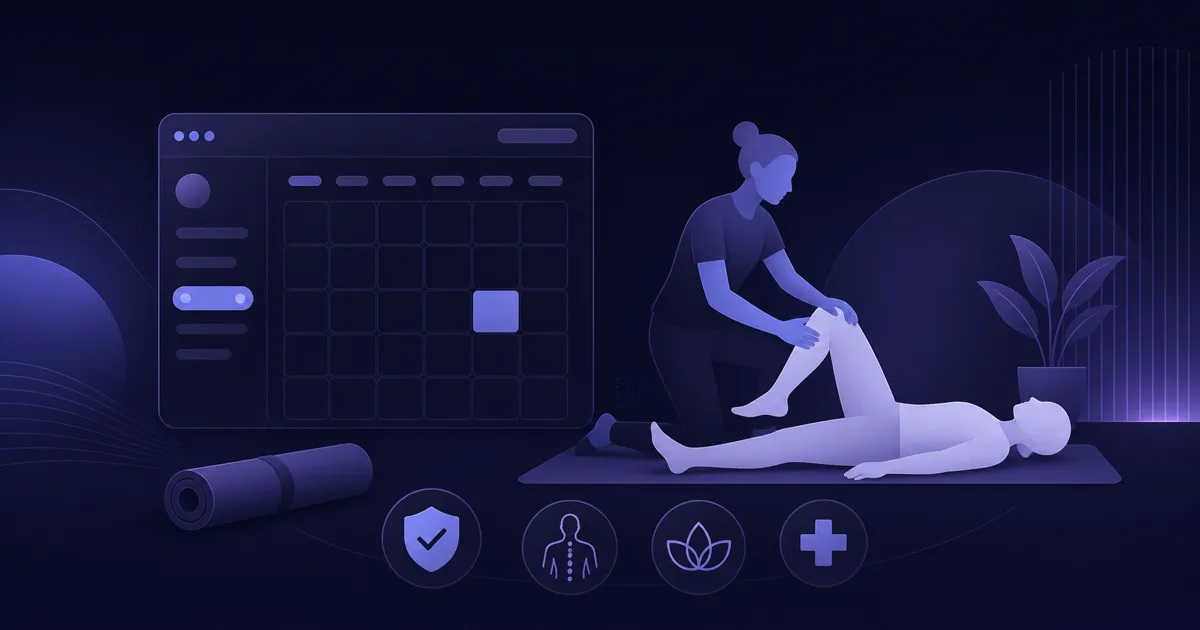 Editorial Illustration einer Physiotherapie-Website mit Terminbuchung, Praxisraum und mobilen Ansichten