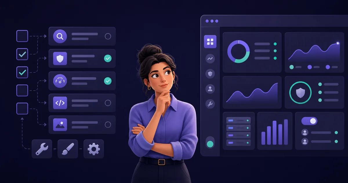 Bir işletme sahibinin web sitesi kontrol listesi ve profesyonel destek panelini karşılaştırdığı illüstrasyon