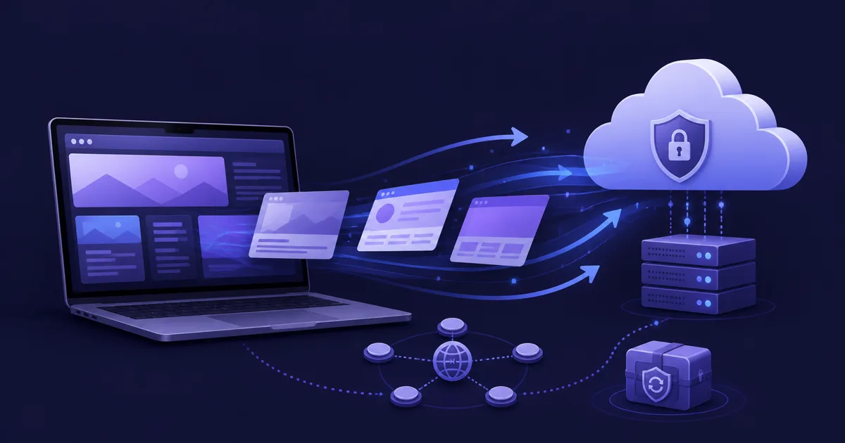 Illustration eines Website-Umzugs mit Laptop, Backup-Archiv, DNS-Knoten und sicherer Cloud