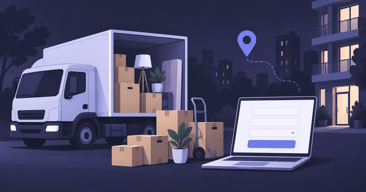 Editoriale Illustration einer Umzugsfirma-Website mit Lkw, Kartons, Karte und Angebotsformular