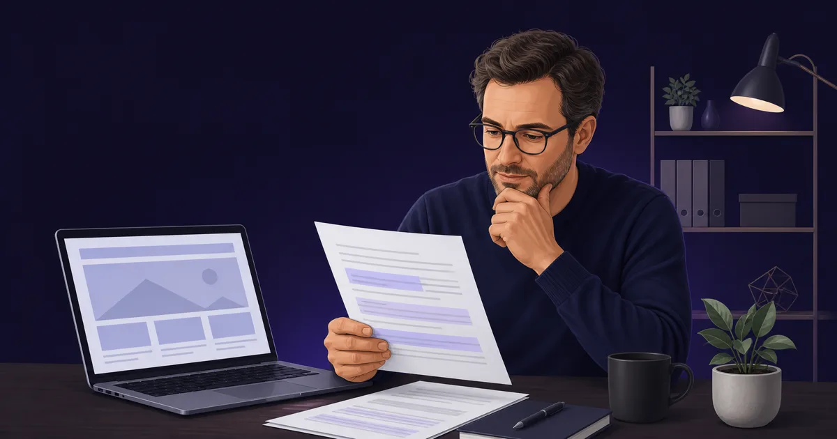 Illustration eines Unternehmers, der einen Website-Vertrag mit markierten Klauseln am Laptop prüft