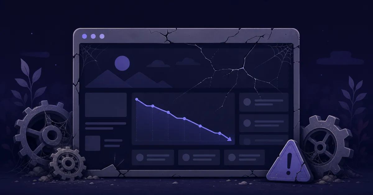 Illustration: neglected browser window with cracks, cobwebs and a warning symbol