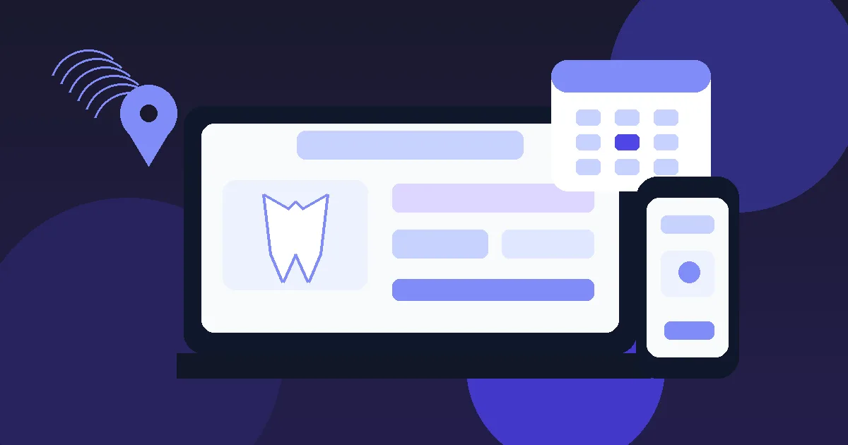 Editorial illustration of a dental practice website with appointment booking, smartphone and local map