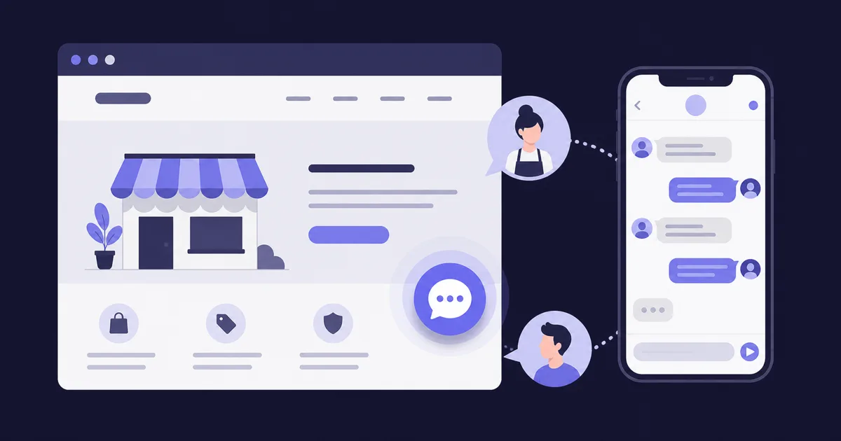 Illustration: Browserfenster mit schwebendem Chat-Button und Smartphone mit Messenger-Unterhaltung — Sinnbild für WhatsApp-Kontakt über die Website